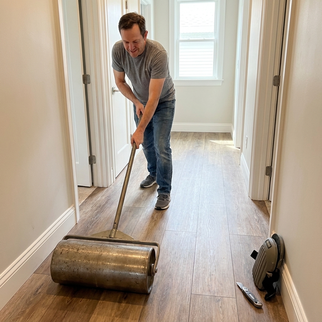 A 100 lb floor roller being pushed across newly installed peel-and-stick vinyl tiles in a hallway