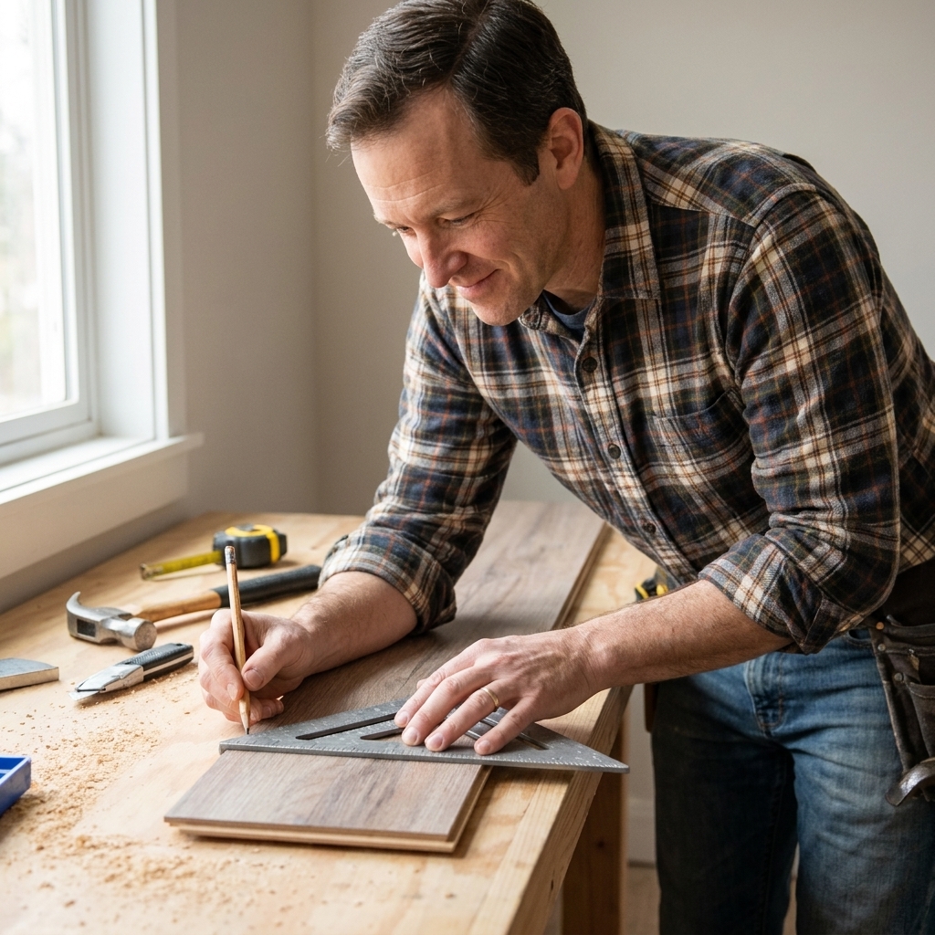 A DIY installer using a speed square to mark a straight cut line across a laminate plank on a workbench