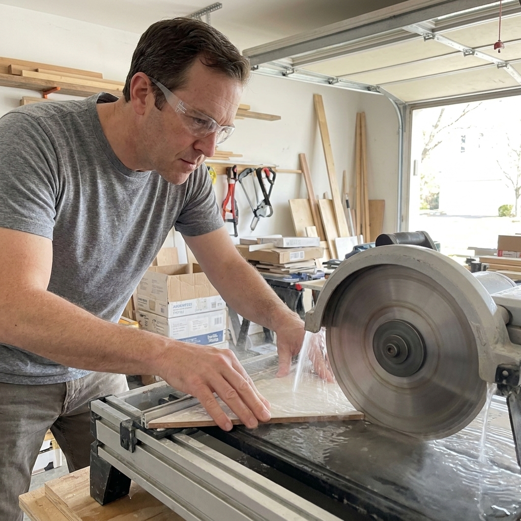 A DIYer cutting a porcelain tile on a wet saw in a garage workspace, with a steady stream of water cooling the blade