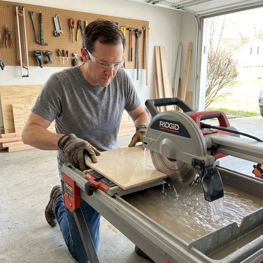 A Ridgid 7-inch wet tile saw in a garage with water in the tray and a person guiding a porcelain tile through the blade