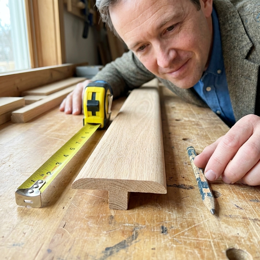 A T-molding transition strip sitting on a workbench next to a tape measure and pencil, showing the T-shaped profile clearly