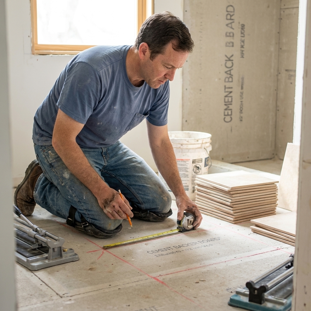 A bathroom floor under construction with snapped chalk layout lines on cement backer board, a tape measure nearby, and stacks of tile waiting to be installed
