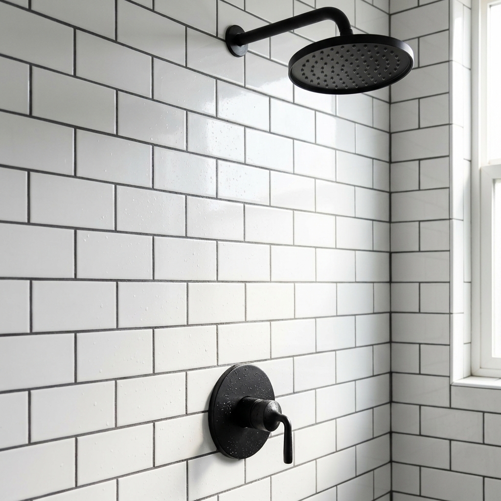 A bathroom shower wall with white subway tile and charcoal grout lines, with a matte black shower fixture visible