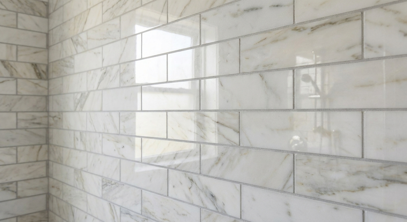 A bathroom wall with polished marble subway tile and light grout lines, showing the smooth reflective stone surface