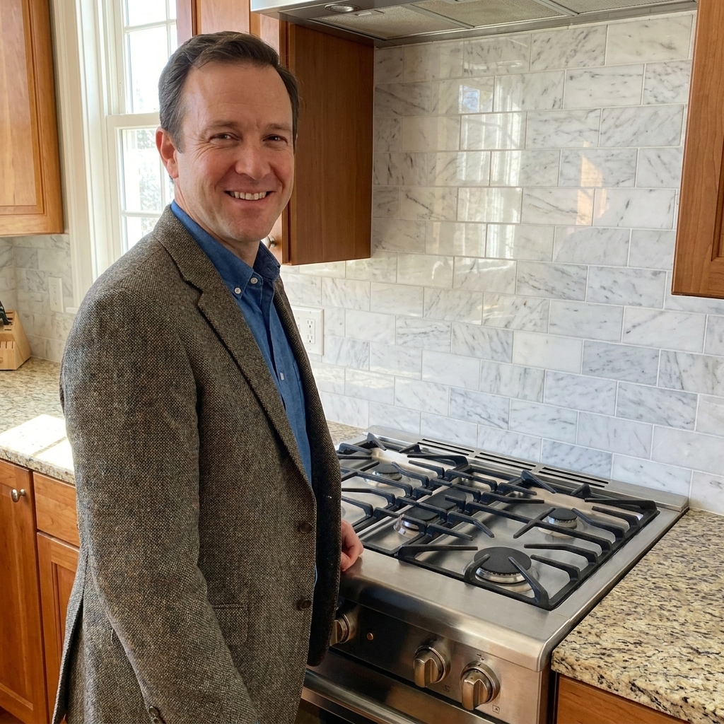 A bright kitchen with a white marble tile backsplash and subtle gray veining installed behind a stovetop