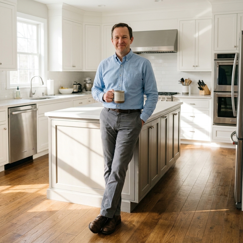 A bright kitchen with engineered hardwood flooring in a medium oak tone, white cabinets, and a large island casting soft shadows