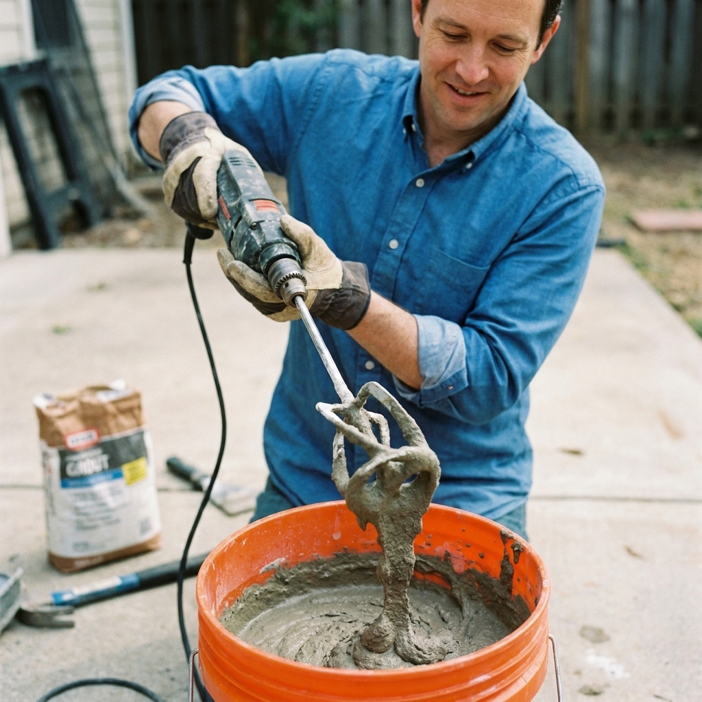 A bucket of cement-based grout being mixed with a drill and paddle, showing a thick, smooth mixture clinging to the paddle blades