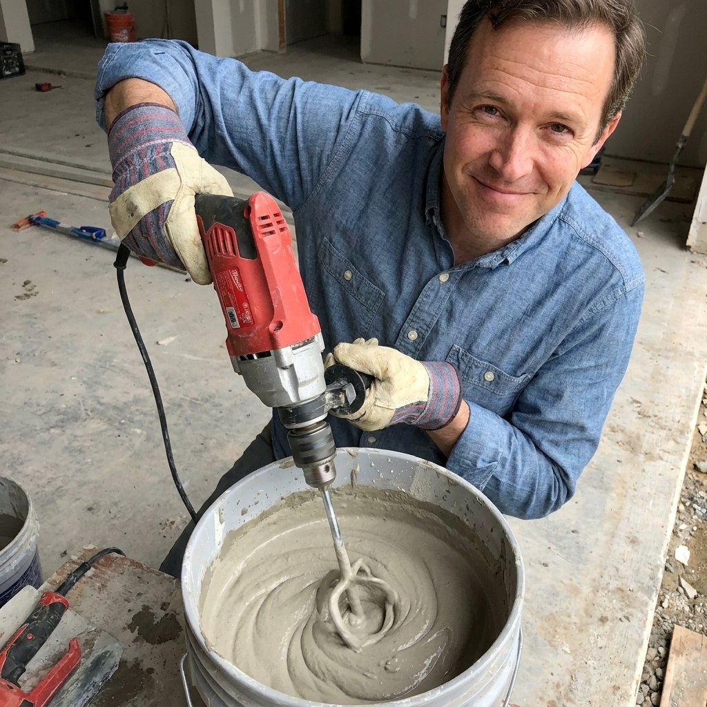 A bucket of cement grout being mixed with a drill and mixing paddle, showing a thick creamy consistency forming