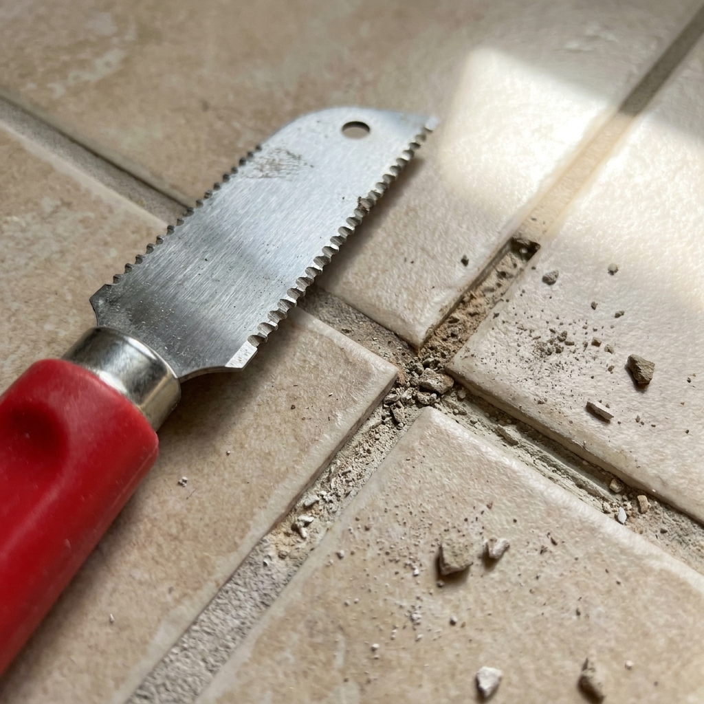 A carbide-tipped grout saw resting on a tile floor next to a short section of cleaned-out grout joint