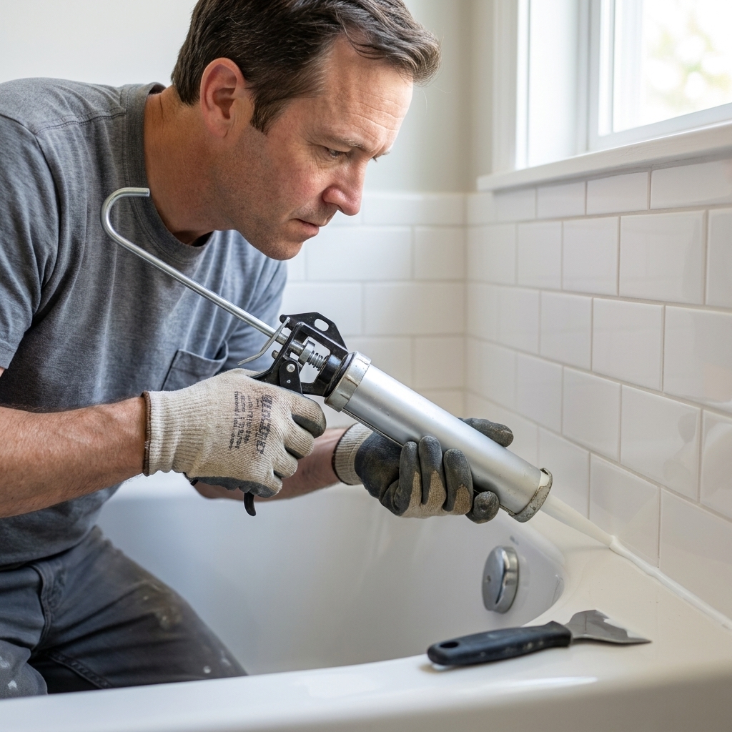 A caulk gun applying a neat bead of caulk along the inside corner where wall tile meets a bathtub
