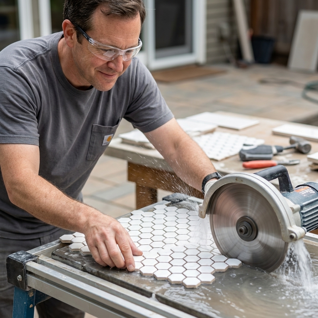 A ceramic hexagon mosaic tile being cut on a wet saw with water spraying over the diamond blade