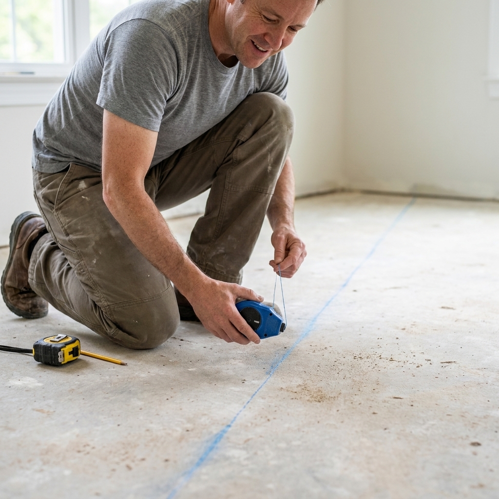 A chalk line snapped across a concrete slab to establish a straight starting line for a floating luxury vinyl plank floor