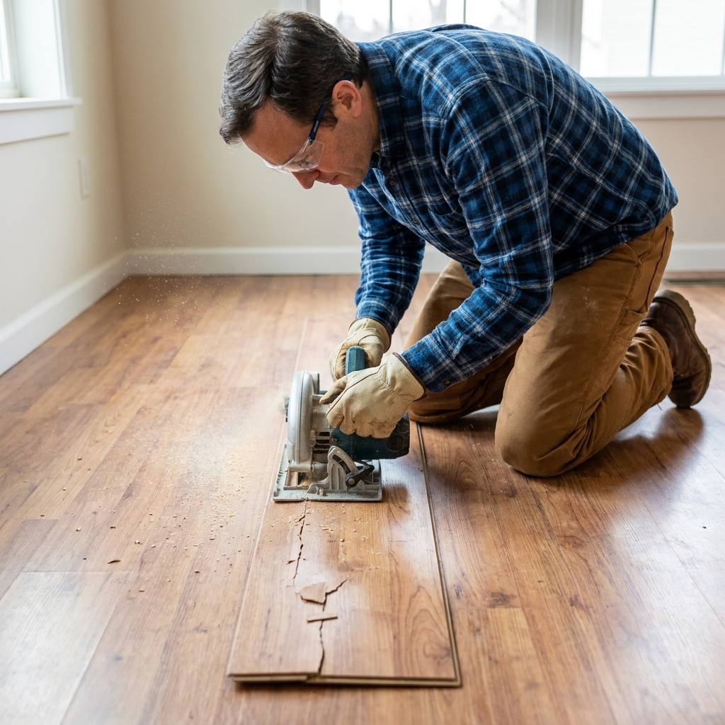 A circular saw cutting along the length of a single damaged laminate plank in the middle of a floor, with the blade depth set shallow