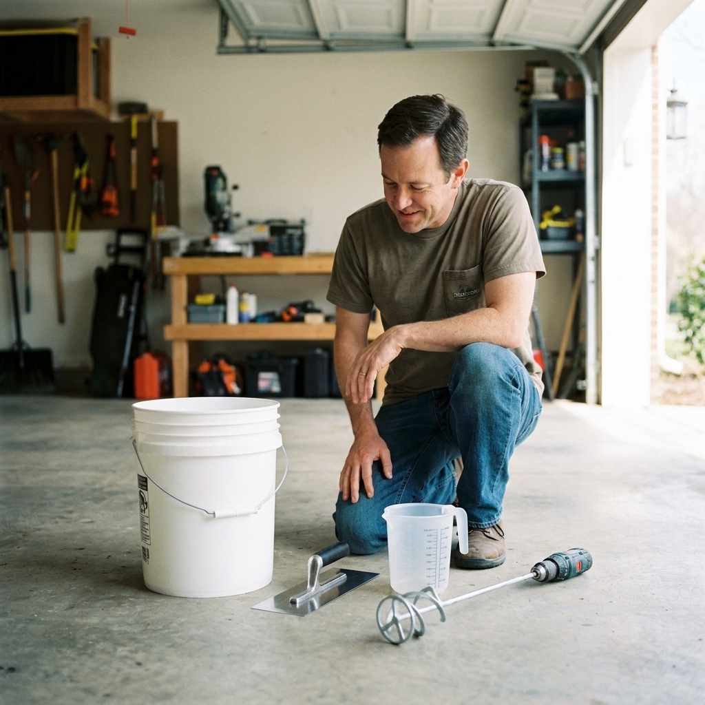 A clean 5-gallon bucket on a garage floor next to a margin trowel, measuring pitcher, and mixing paddle laid out for tile work