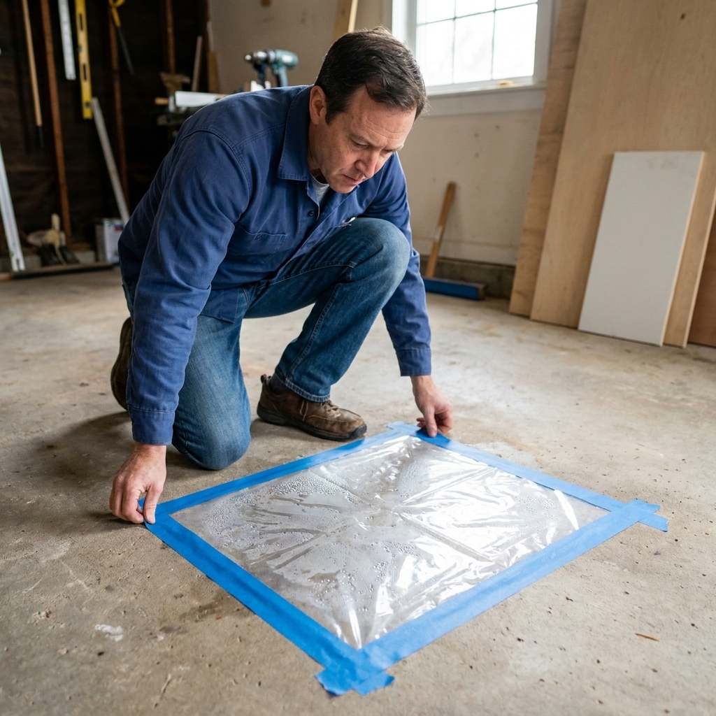 A clear plastic sheet taped tightly to a concrete floor for a DIY moisture test, with blue painter’s tape sealing the edges