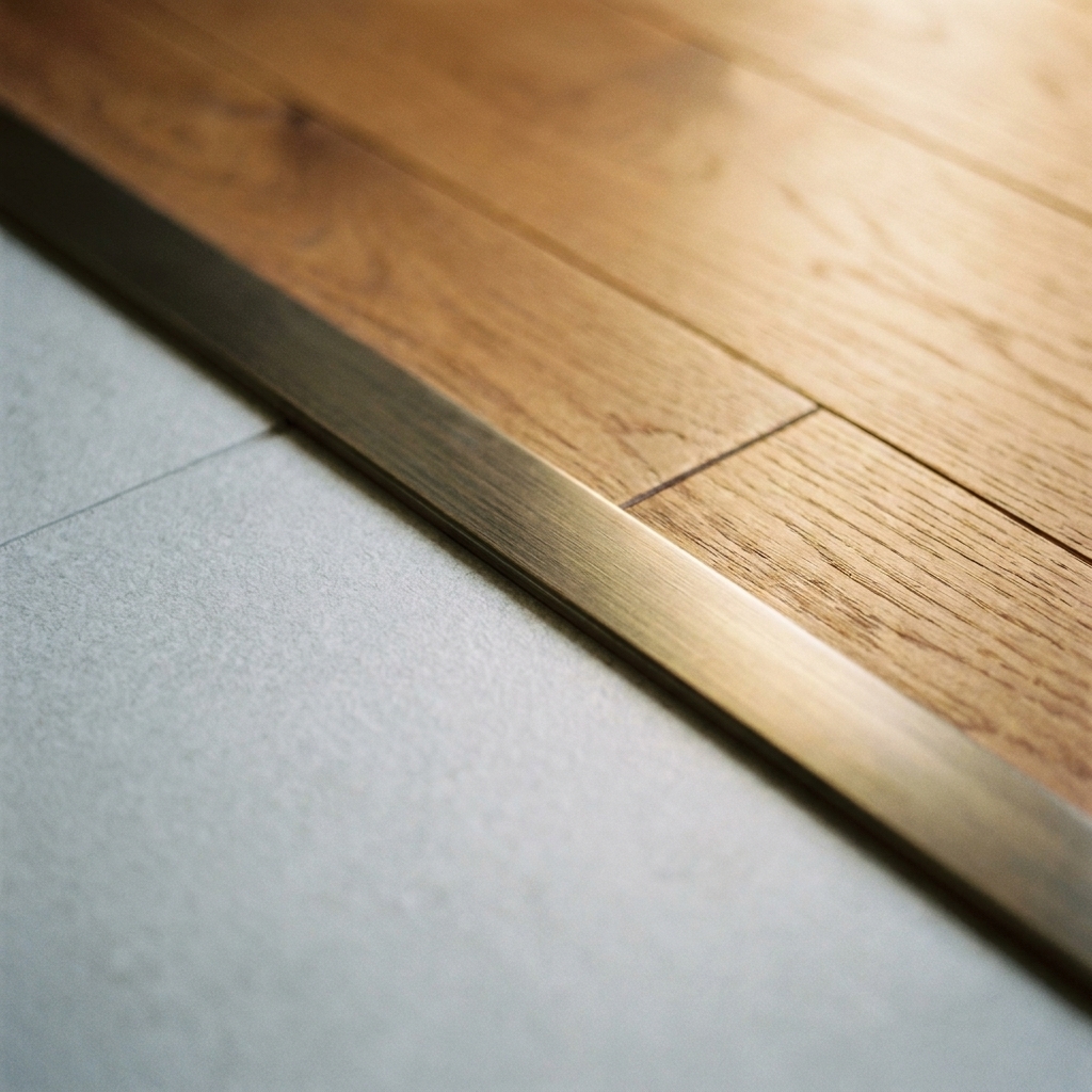 A close-up of a cleanly installed transition strip between matte porcelain tile and warm-toned engineered hardwood, sitting flush with no visible gaps