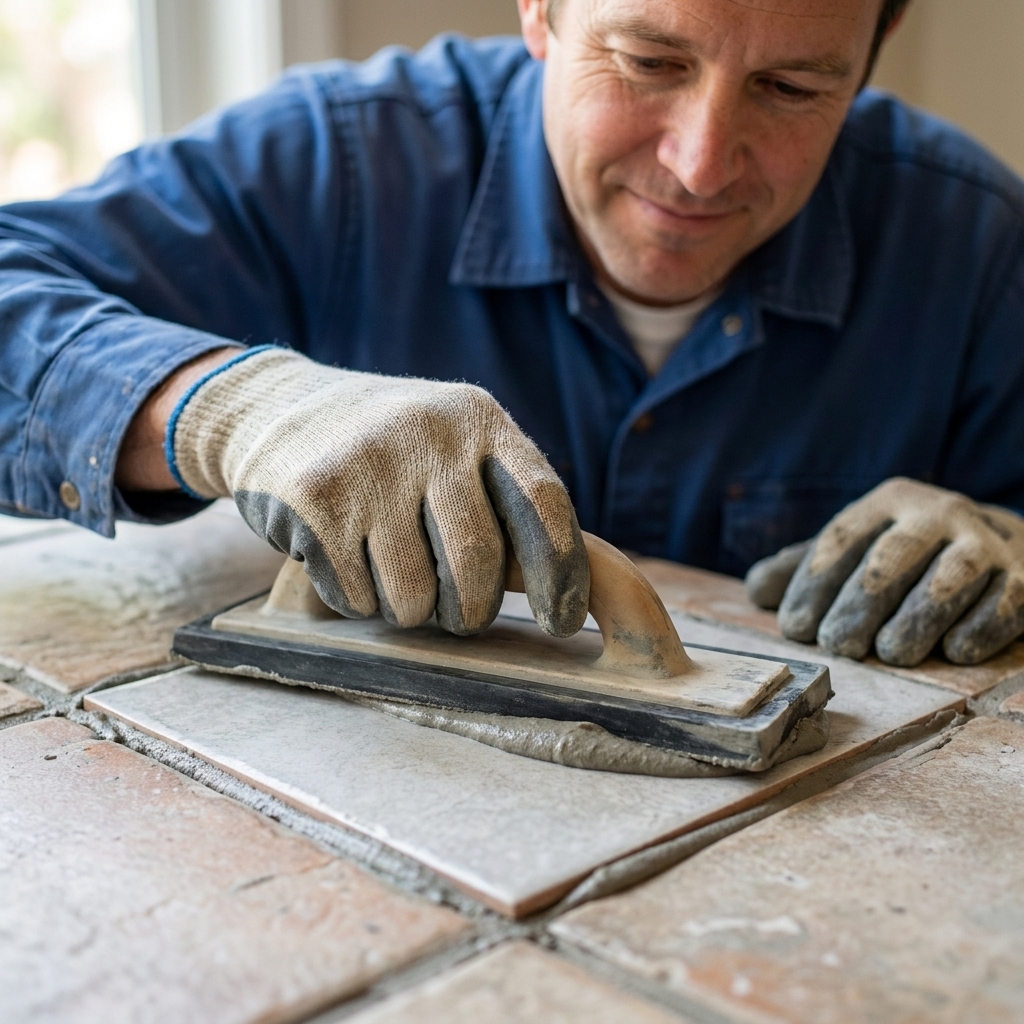 A close-up of a grout float packing grout into joints around a single newly replaced floor tile