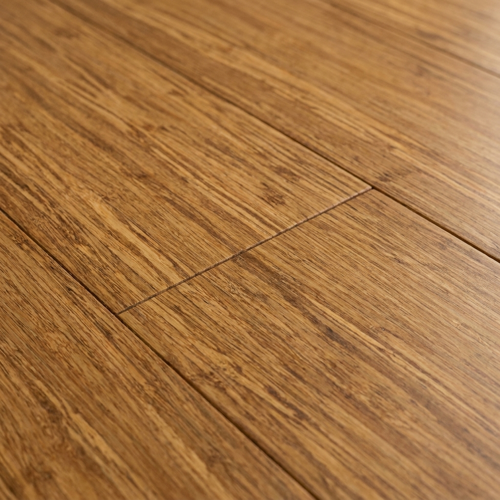 A close-up of strand-woven bamboo flooring boards showing the dense, woven grain pattern and matte finish