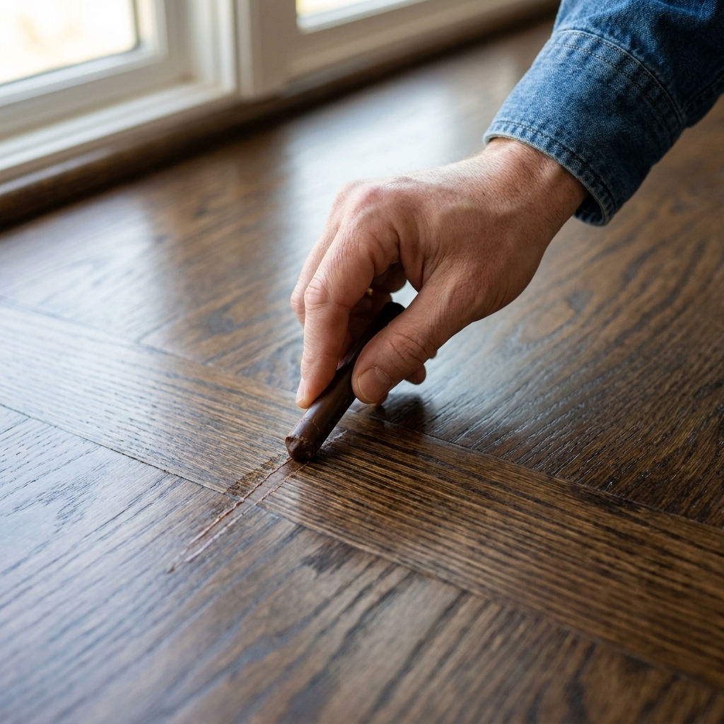 A close-up photo of a hand rubbing a tinted wax stick across a scratch in a dark-stained hardwood floor, with the wax filling the scratch line