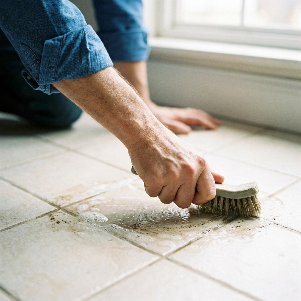 A close-up photo of a hand scrubbing light-colored grout lines on a ceramic tile floor using a stiff nylon grout brush