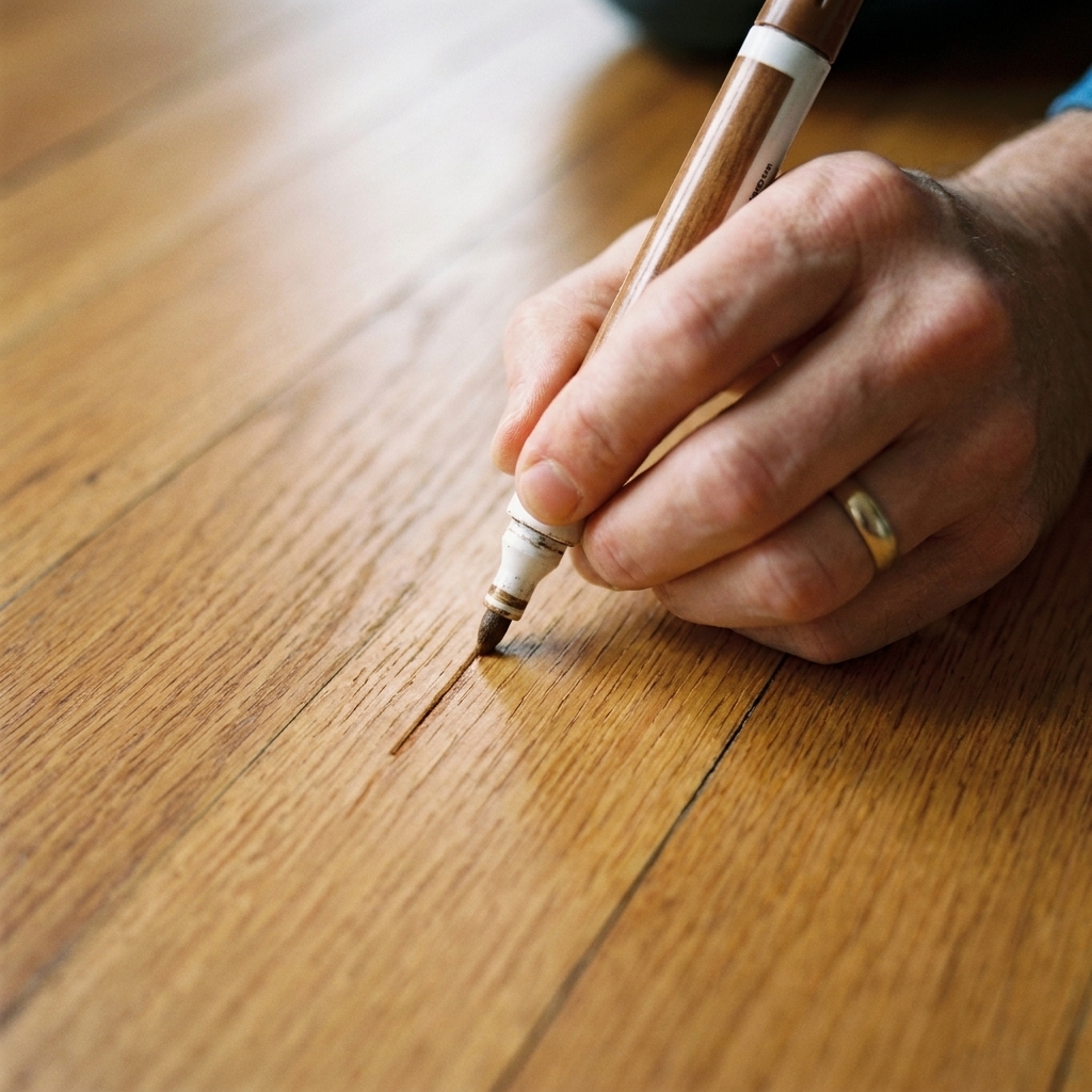 A close-up photo of a hand using a stain marker on a narrow scratch in a medium-toned oak hardwood floor, with the marker tip aligned to the wood grain
