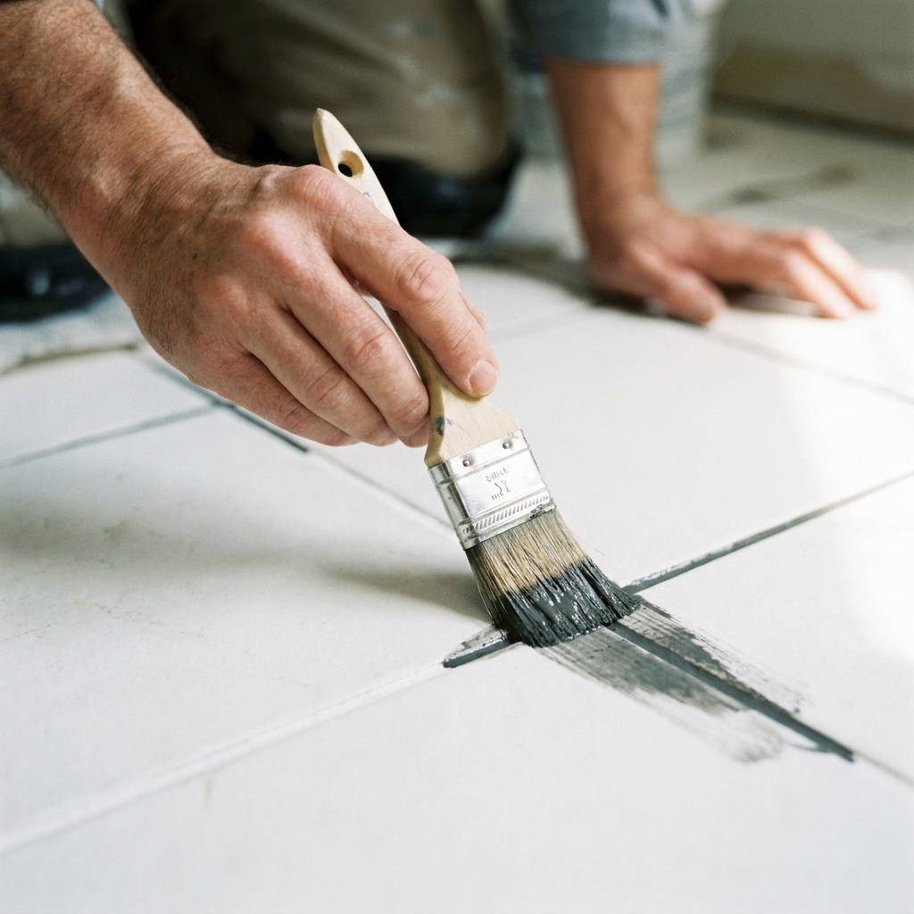 A close-up photo of a small brush applying dark gray grout colorant along white ceramic floor tile joints