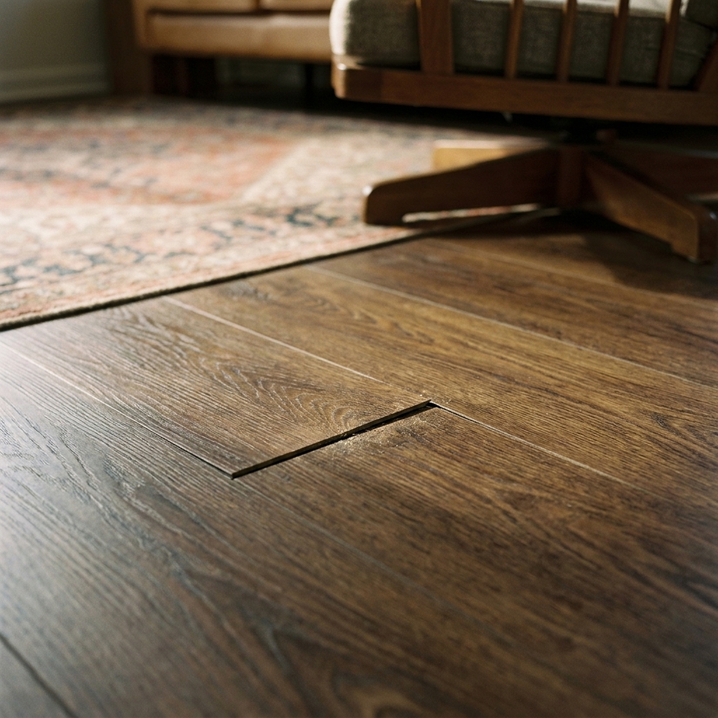 A close-up photo of two luxury vinyl planks with a small separation gap at the short-end seam on a floor in a living room