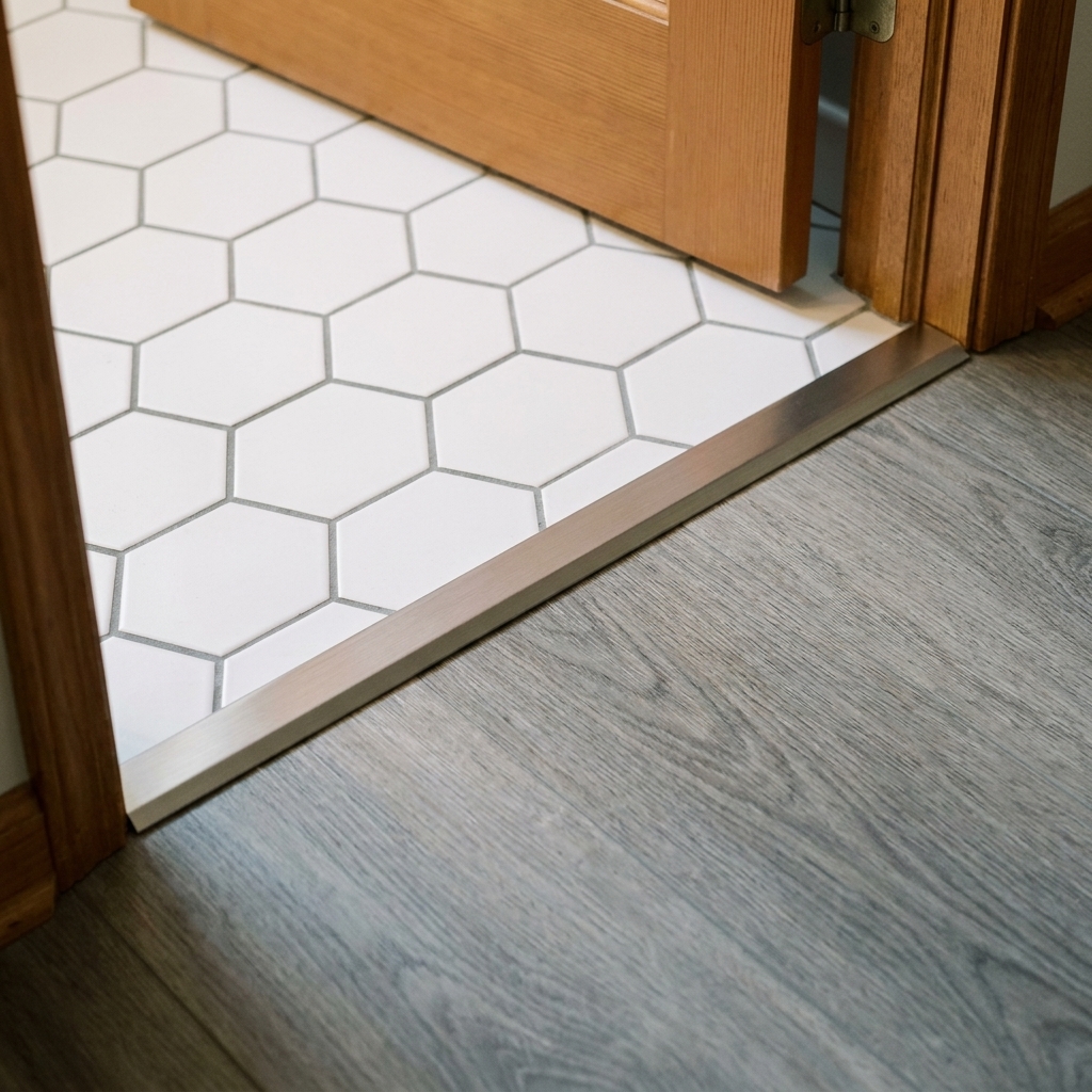 A close view of a bathroom doorway where hex tile meets gray vinyl plank flooring with a low-profile metal reducer installed flush to the tile edge
