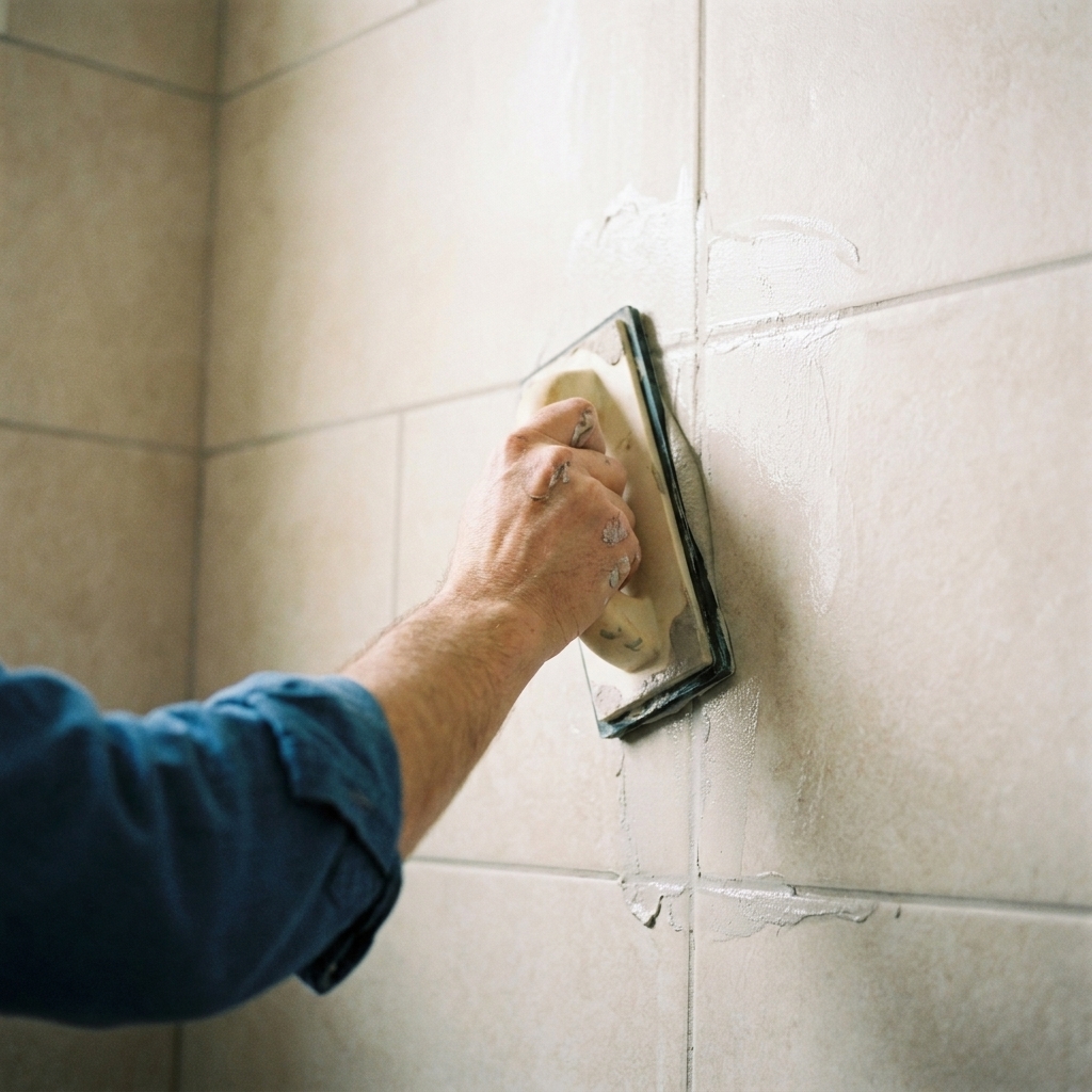 A close view of a hand using a rubber grout float to spread grout across large-format ceramic tiles on a shower wall