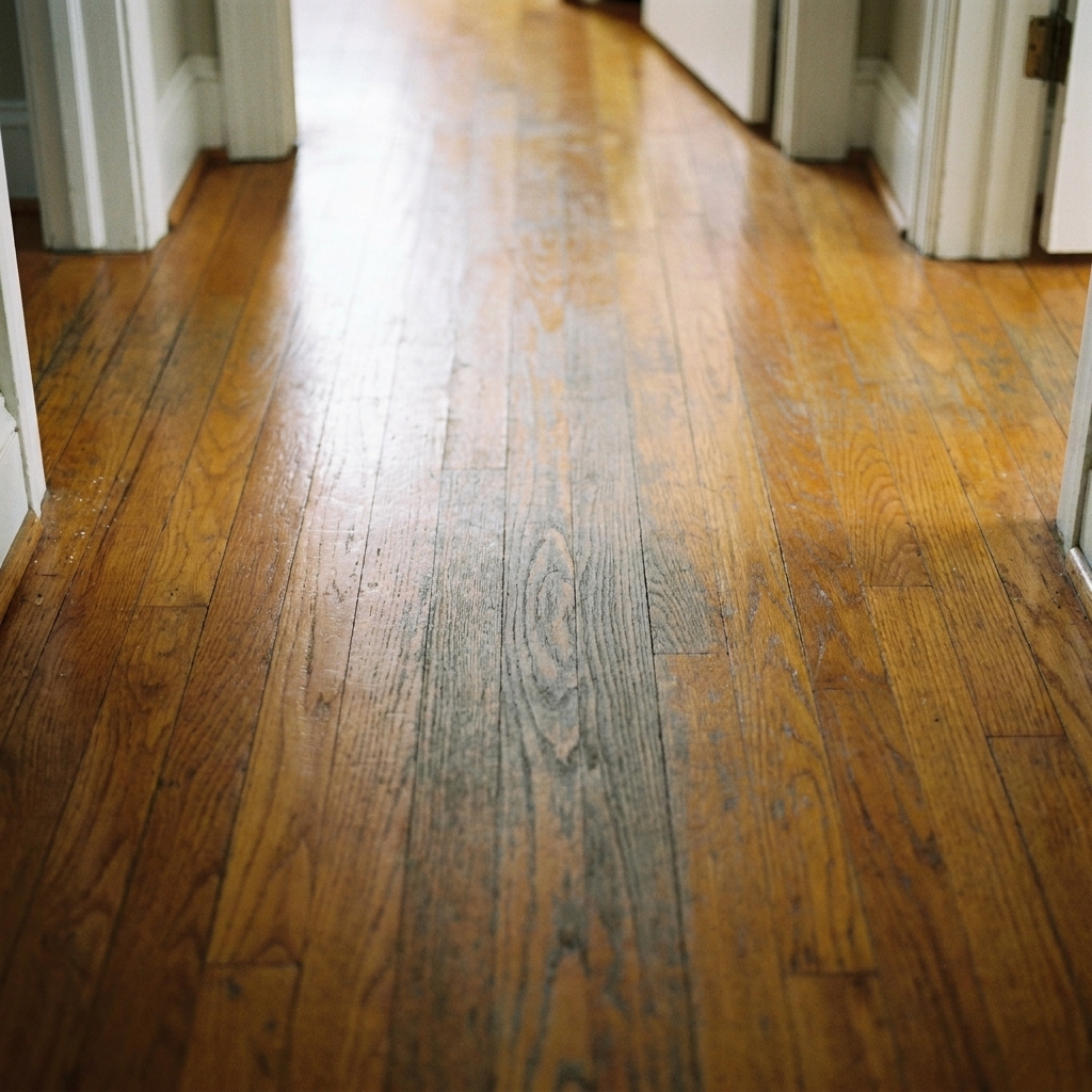 A close view of a hardwood hallway showing a dull traffic lane with finish worn thin and slight grayness in the highest-wear area