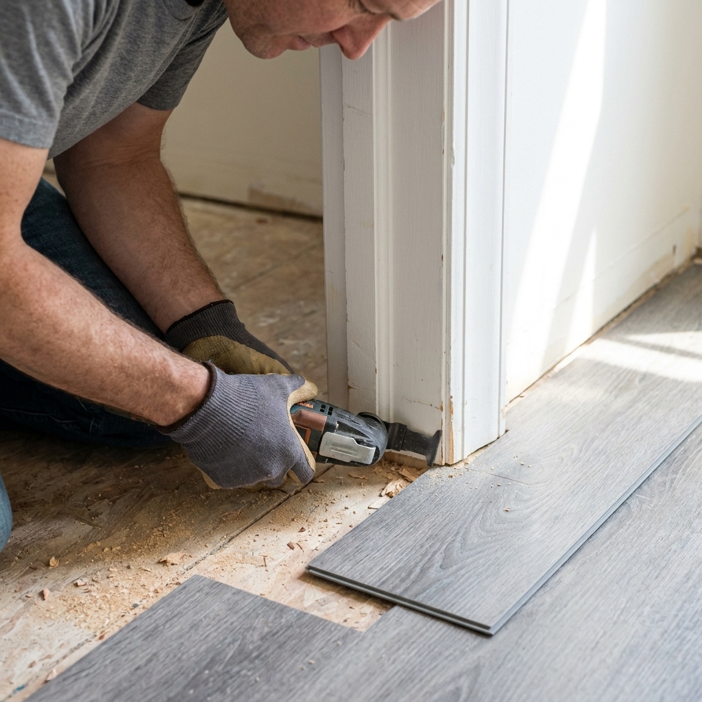 A close view of an oscillating multi-tool undercutting a painted door jamb so a vinyl plank can slide underneath