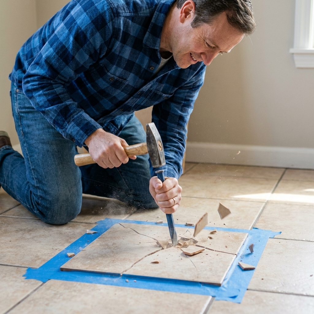 A cold chisel and hammer breaking a cracked ceramic floor tile from the center while nearby tiles are taped for protection