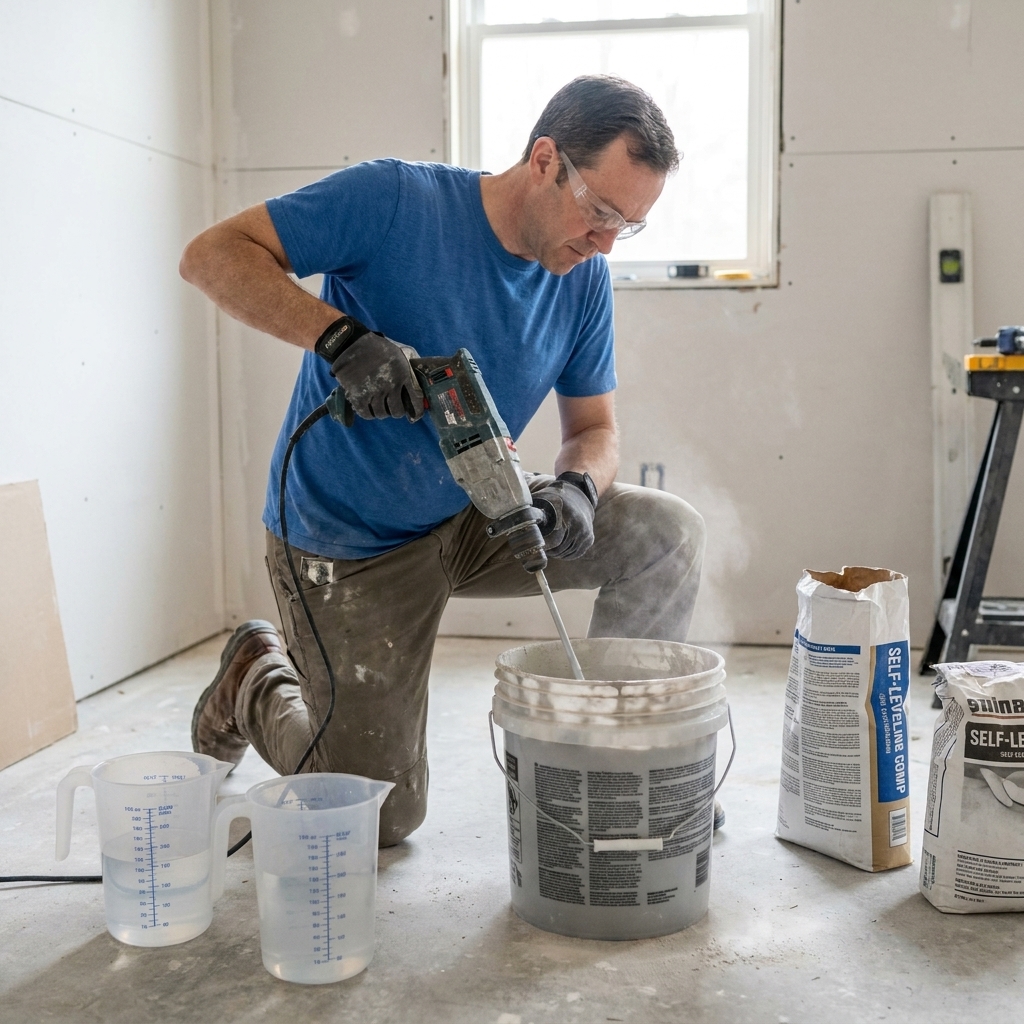 A contractor mixing self-leveling compound in a bucket with a heavy-duty drill and mixing paddle, with measured water containers nearby