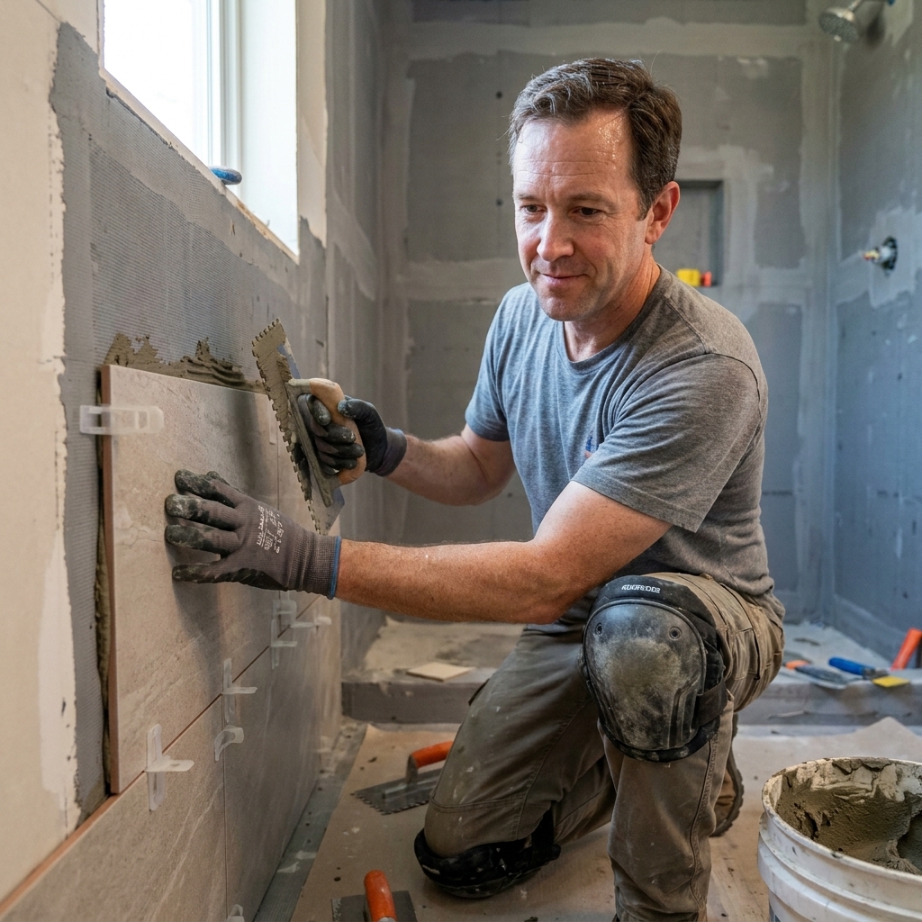 A contractor setting a large-format ceramic tile onto a waterproofed shower wall with thinset mortar, using a notched trowel and leveling clips