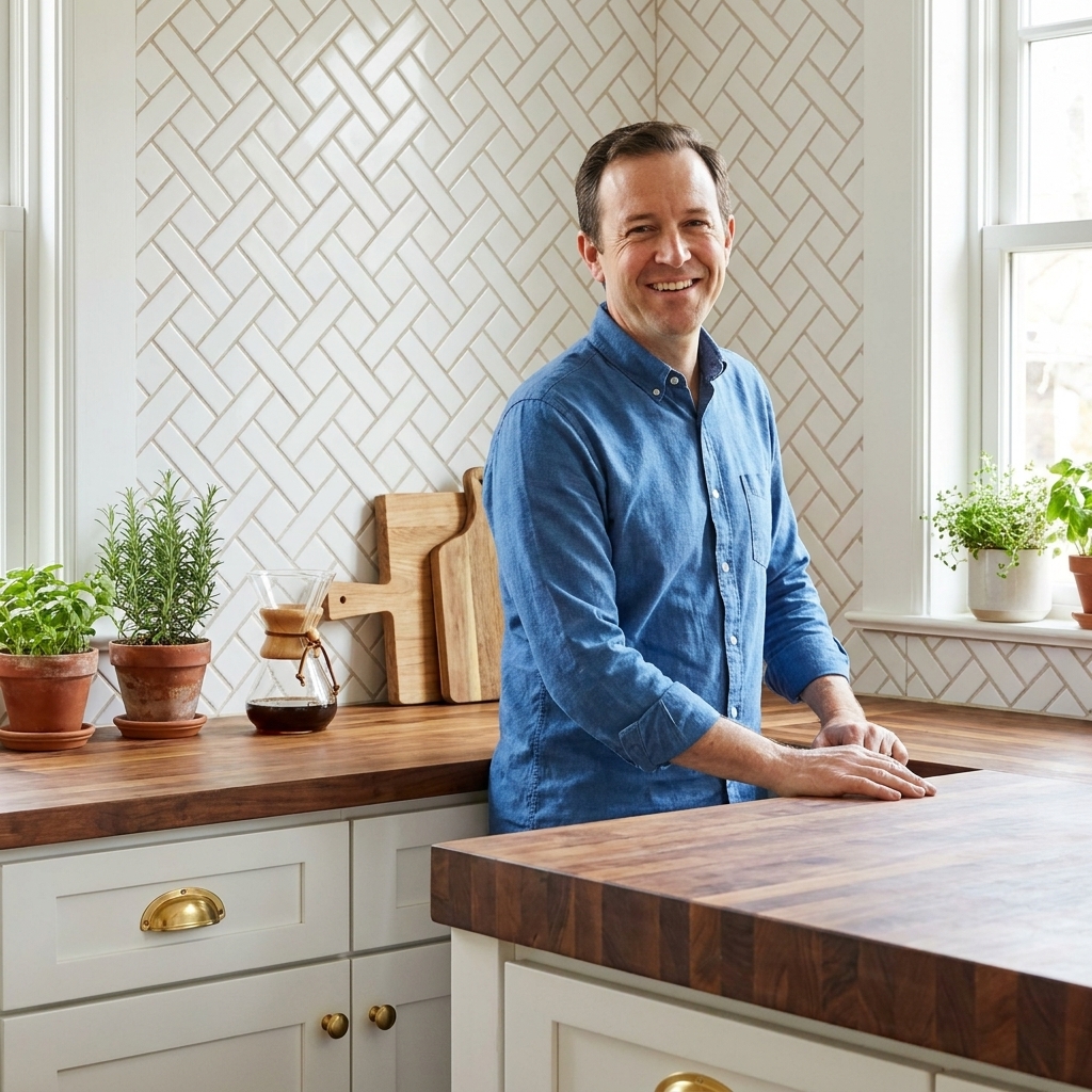 A cozy kitchen backsplash with white subway tiles arranged in a crosshatch pattern creating a woven look, paired with brass cabinet pulls and a butcher block countertop