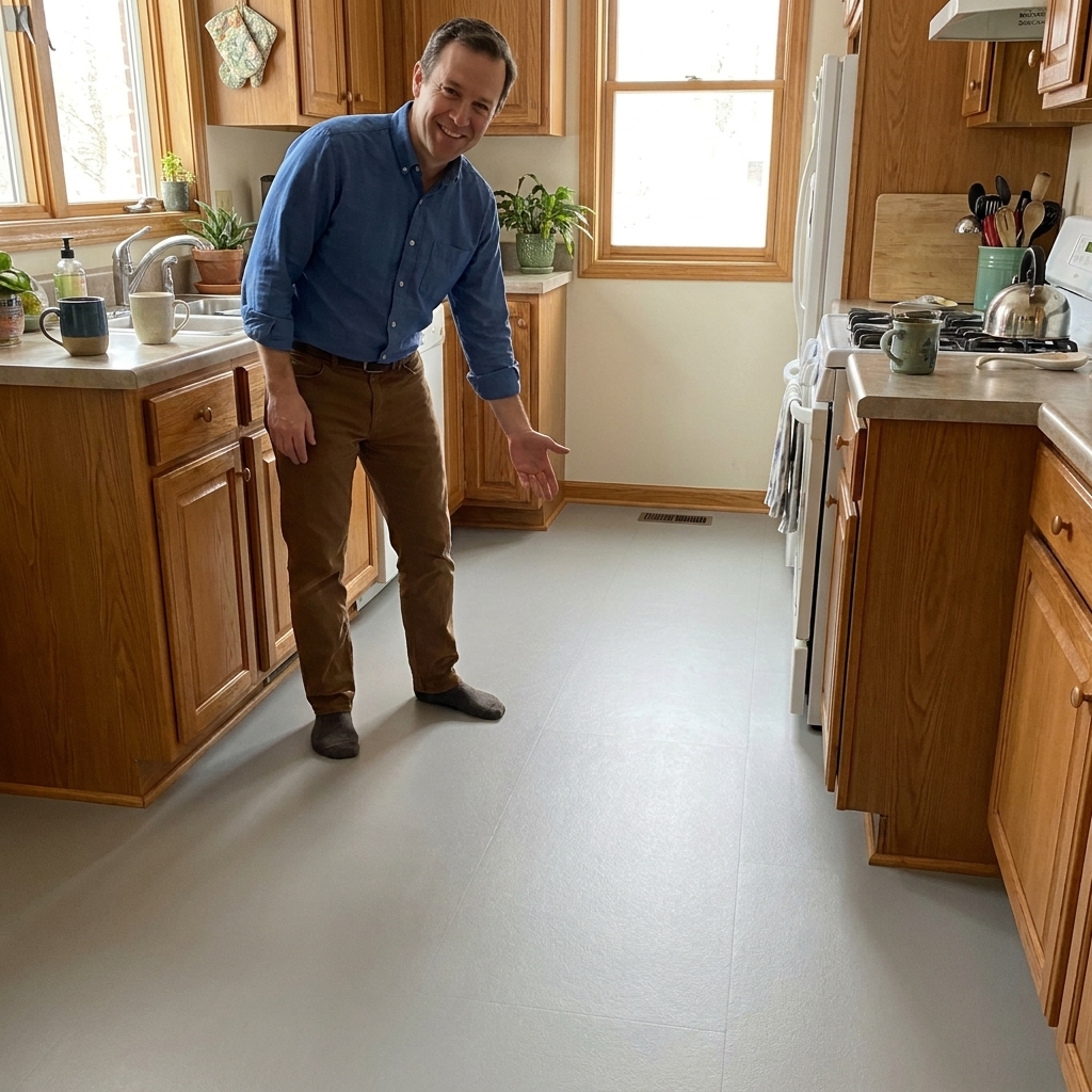 A cozy kitchen with sheet linoleum flooring installed wall-to-wall, showing a smooth matte surface and clean edges at base cabinets