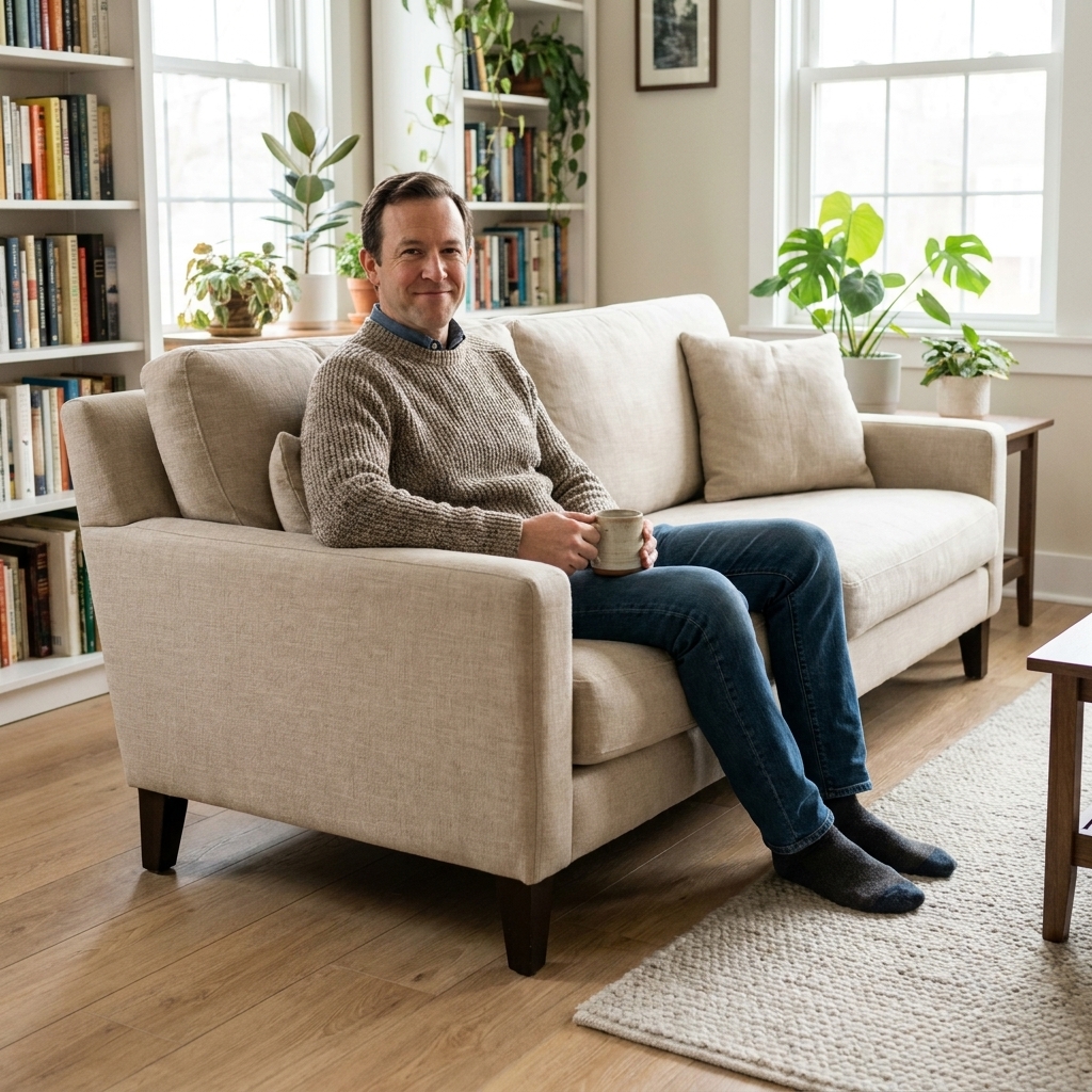 A cozy living room with water-resistant laminate flooring that resembles light oak, a neutral sofa, and natural daylight across the floor