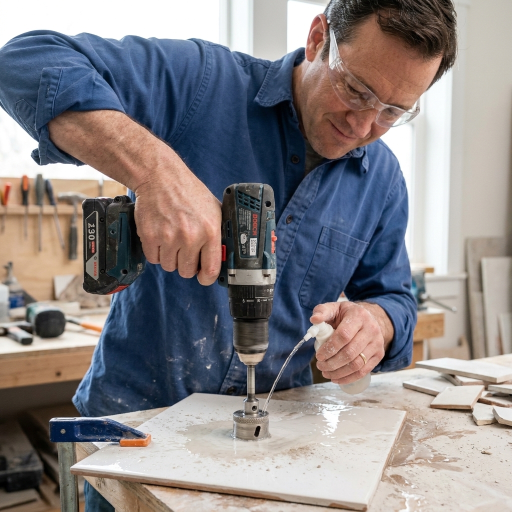A diamond hole saw attached to a drill boring a clean circular hole through a porcelain tile while water is applied to cool the bit
