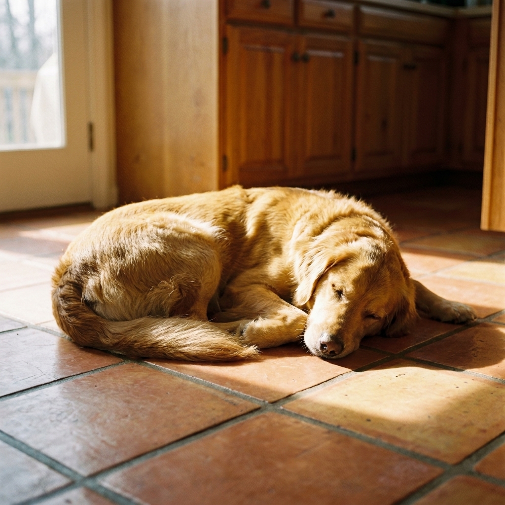 A dog sleeping peacefully on a warm-toned tile kitchen floor with sunlight coming through a nearby window