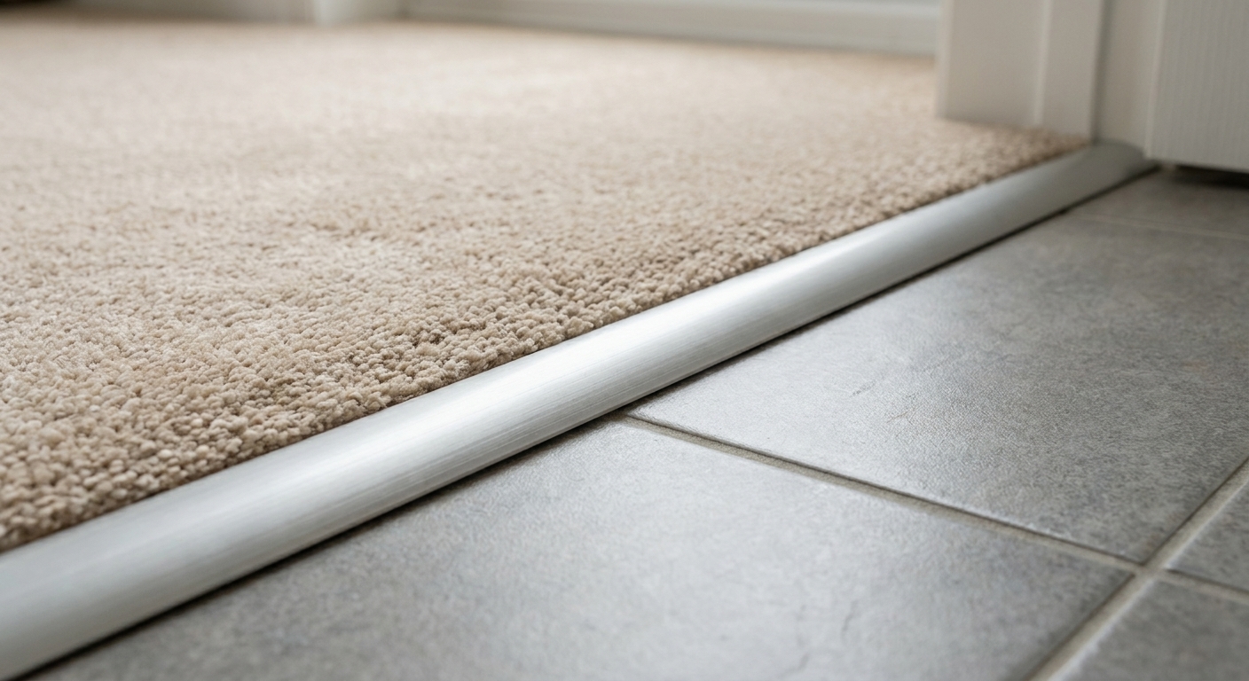A doorway transition where beige carpet meets gray tile, showing a metal carpet edge holding the carpet tight against the tile