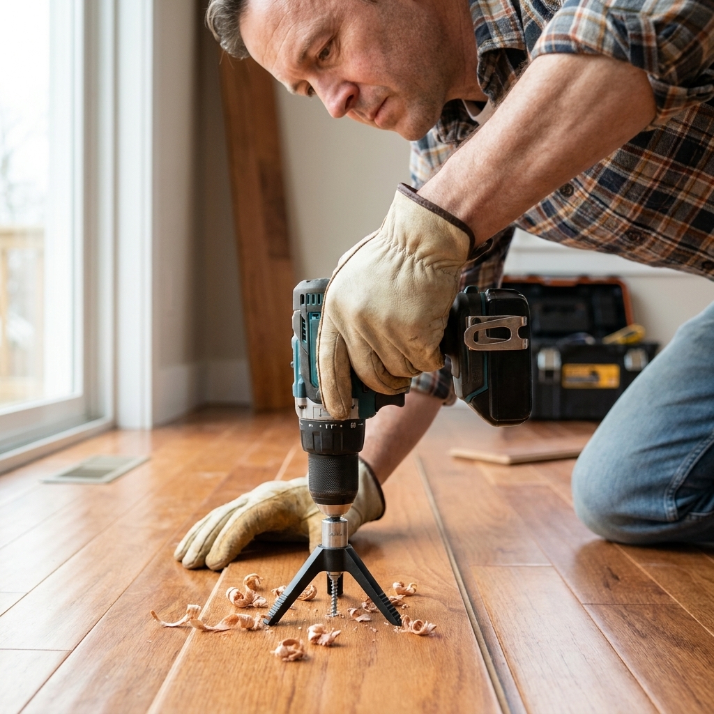 A drill driving a breakaway screw through hardwood flooring using a tripod-style depth guide