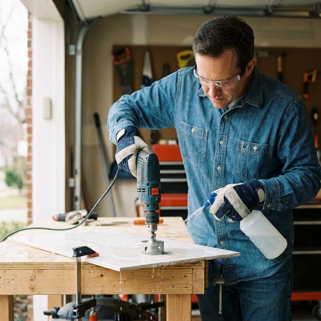 A drill fitted with a diamond hole saw cutting a hole through porcelain tile while water is applied to keep the bit cool and reduce dust