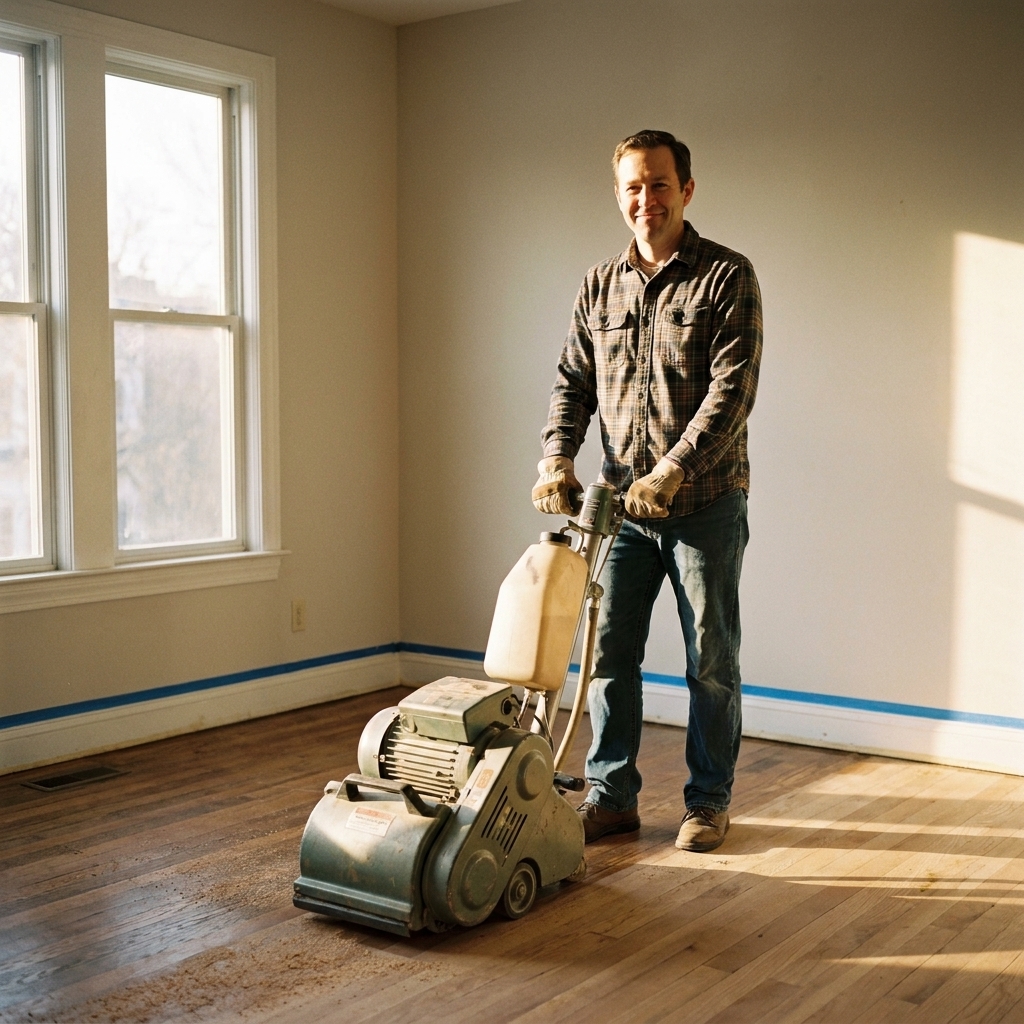 A drum floor sander sitting on a sanded hardwood floor in an empty room, with baseboards masked and sunlight coming through a window
