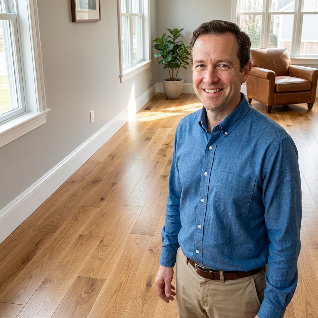 A finished engineered hardwood floor in a bright living room with clean baseboards, showing tight seams and a smooth surface
