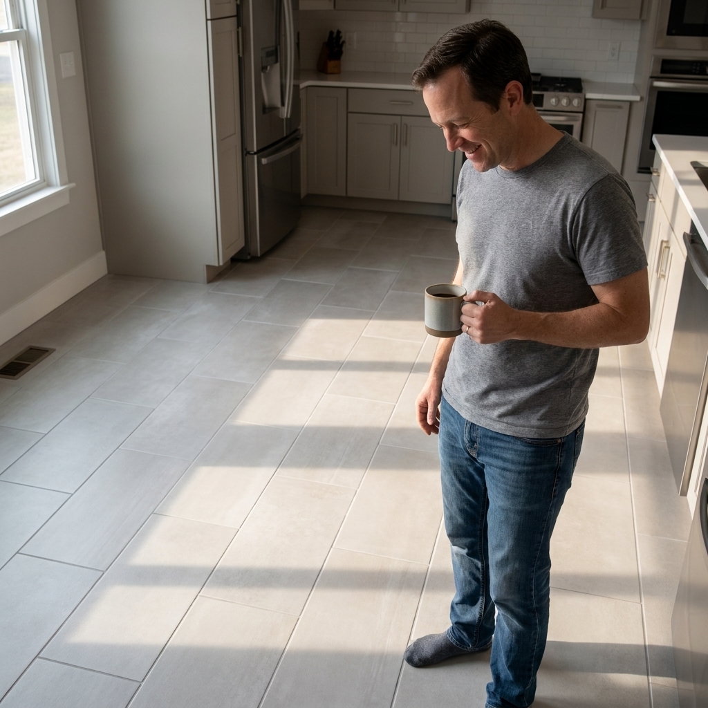 A finished kitchen floor with matte porcelain tiles laid in a straight pattern, with sunlight highlighting the grout joints