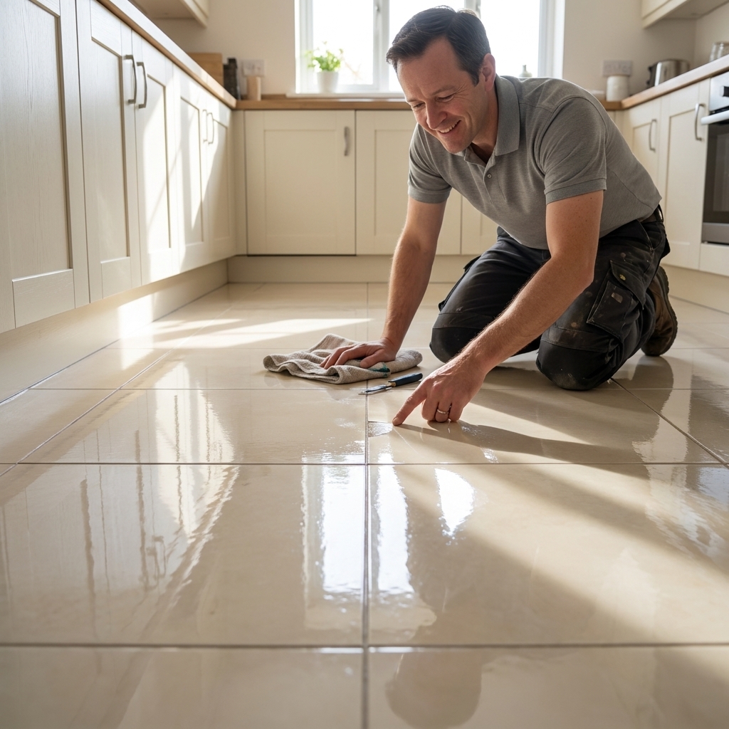 A finished porcelain kitchen floor with a previously chipped tile area now blended smoothly, viewed at a low angle so the surface sheen is visible