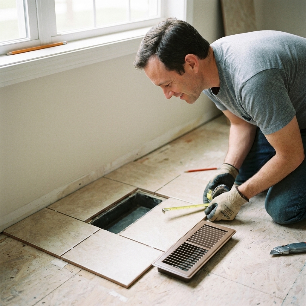 A floor register opening with tile pieces dry-fitted around it, showing straight clean edges and a vent cover set nearby for alignment