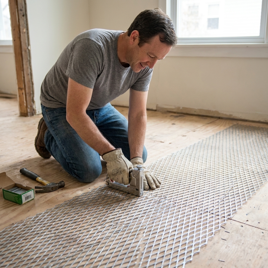 A galvanized diamond metal lath sheet stapled flat across a plywood subfloor in preparation for self-leveling underlayment