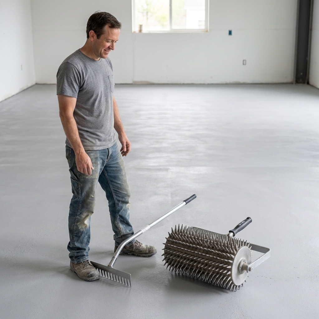 A gauge rake and a spiked roller resting on a clean, primed concrete floor before a self-leveling pour