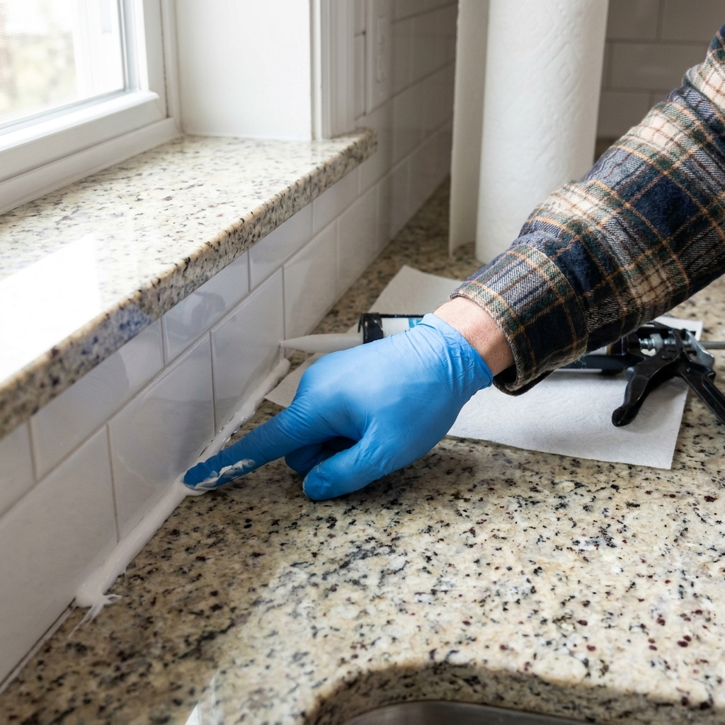 A gloved finger smoothing a fresh silicone caulk bead along the seam between a kitchen countertop and tile backsplash